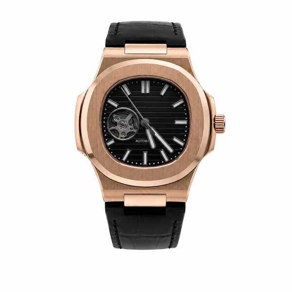 Nautilus Rose Gold Open Heart & Black Leather